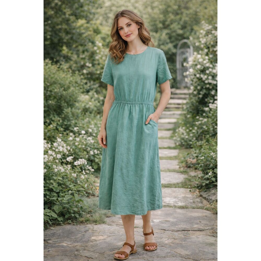 Vintage Orvis Linen Midi Dress Blue Green Elastic Waist Pockets USA Women’s 12 L